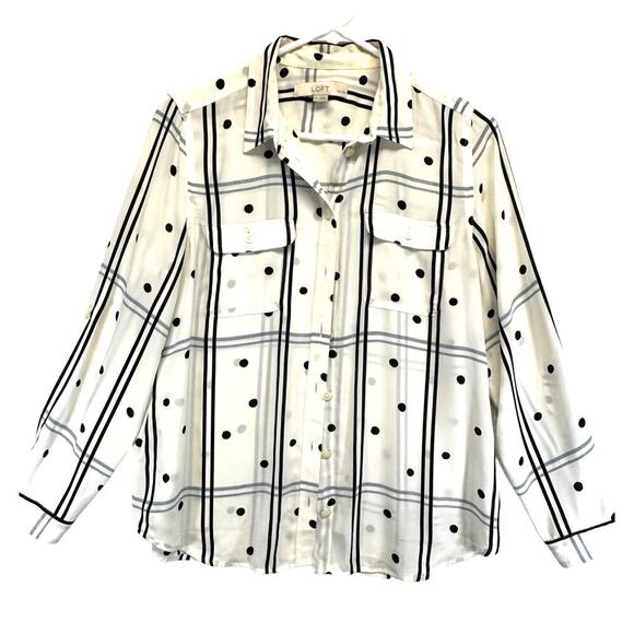 Ann Taylor Loft Sheer Blouse L/S Cream w/ Black Polkadots Medium Petite Career - Picture 1 of 8
